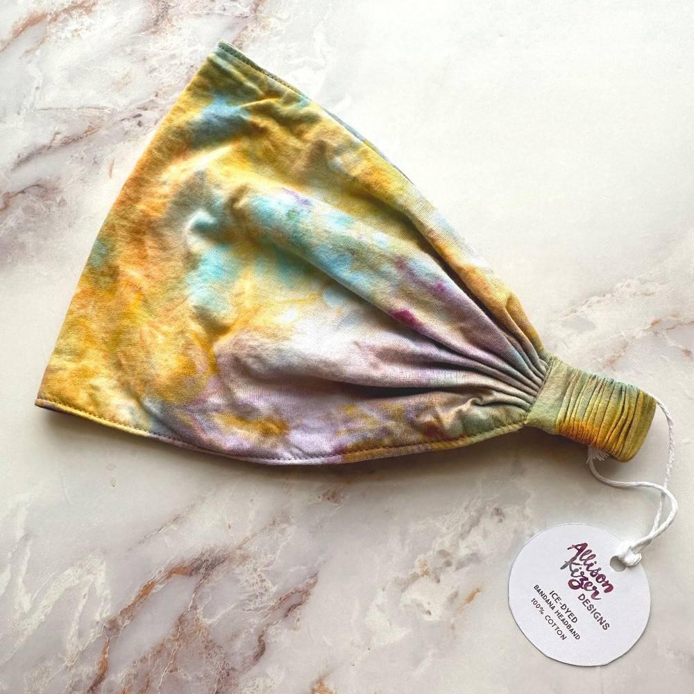 Ice Dye Bandana Headband Yoga Kerchief Hand Dyed Tie Dye Tuscan Sea Gold Aqua